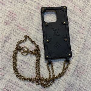 Louis Vuitton Black Phone Case with Gold Chain IPhone 14 Pro